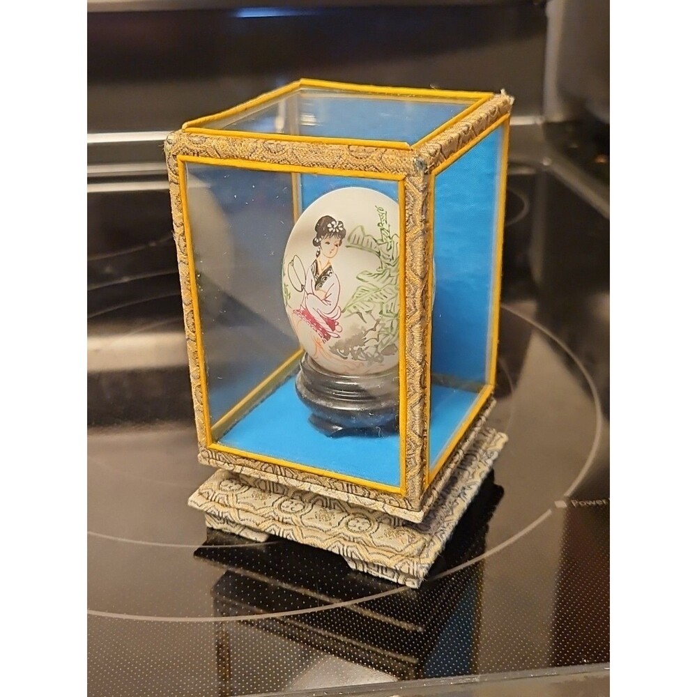 Vintage Chinese Art Hand Painted Egg Shell Woman With Fan Encased In Box 3"x5"